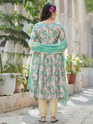 Turquoise Floral Printed Modal Anarkali Salwar Suit - Image 1