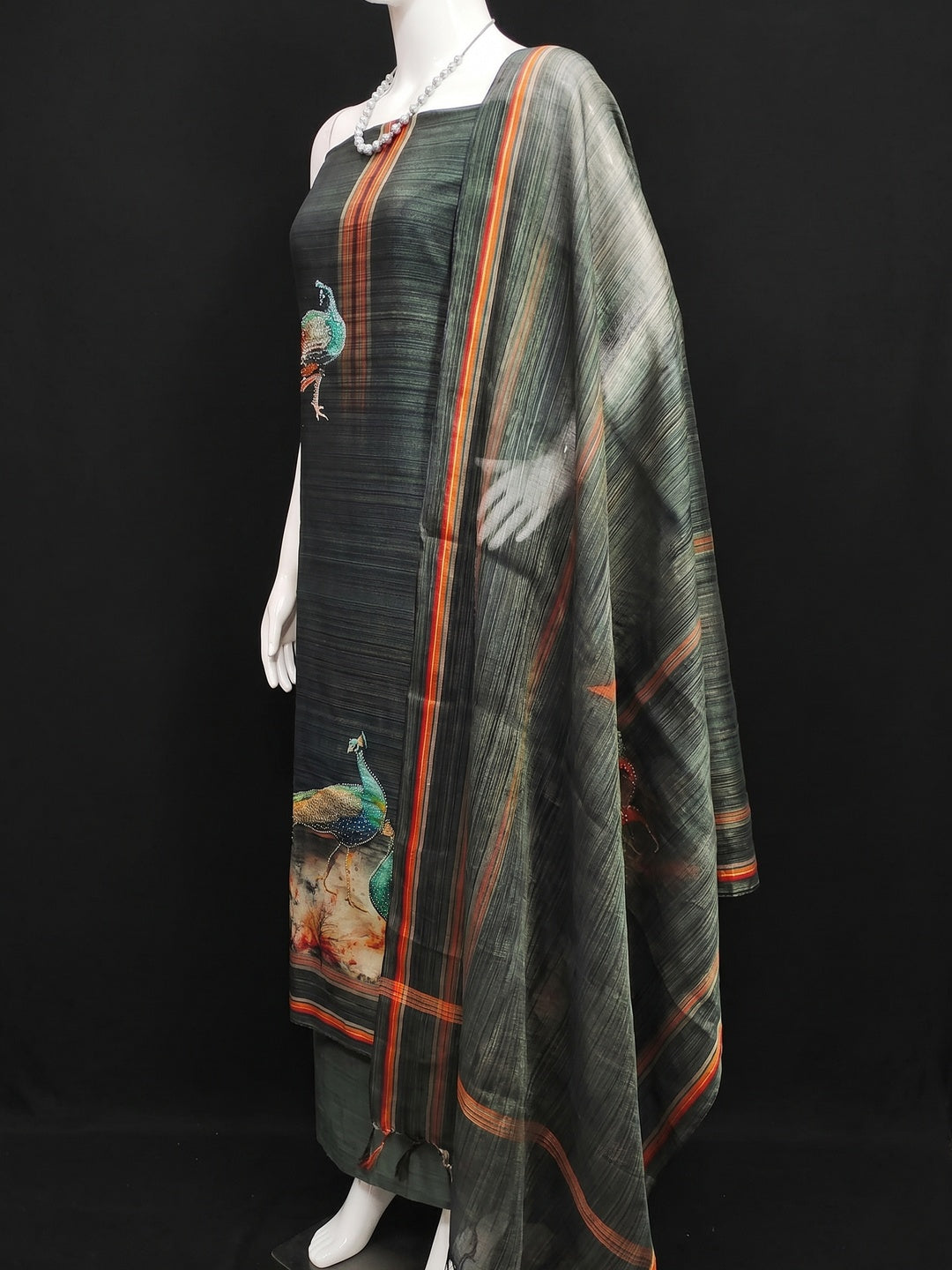 Grey Digital Printed Tussar Silk Dress Material - Image 3