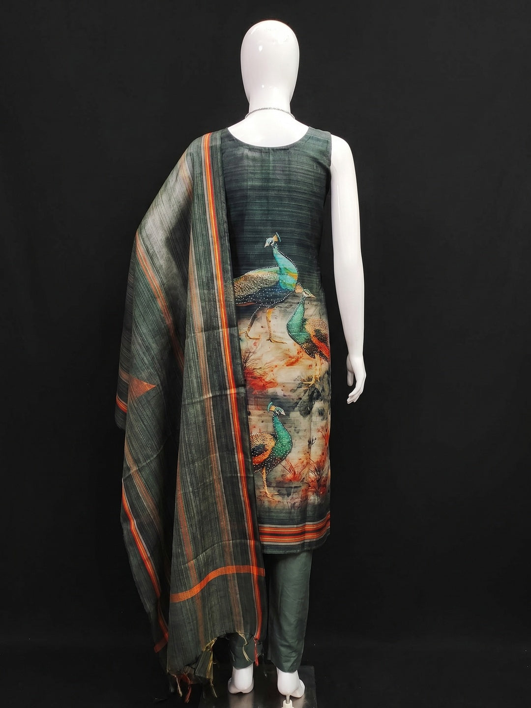 Grey Digital Printed Tussar Silk Dress Material - Image 2
