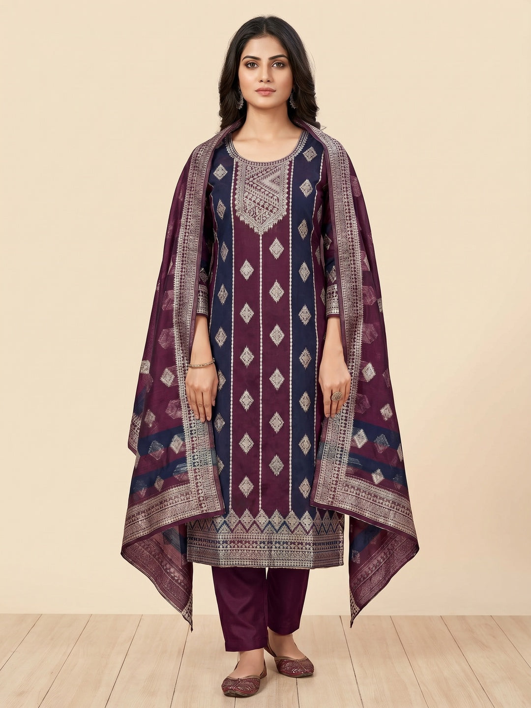 Wine Woven Chanderi Dress Material - Image 1