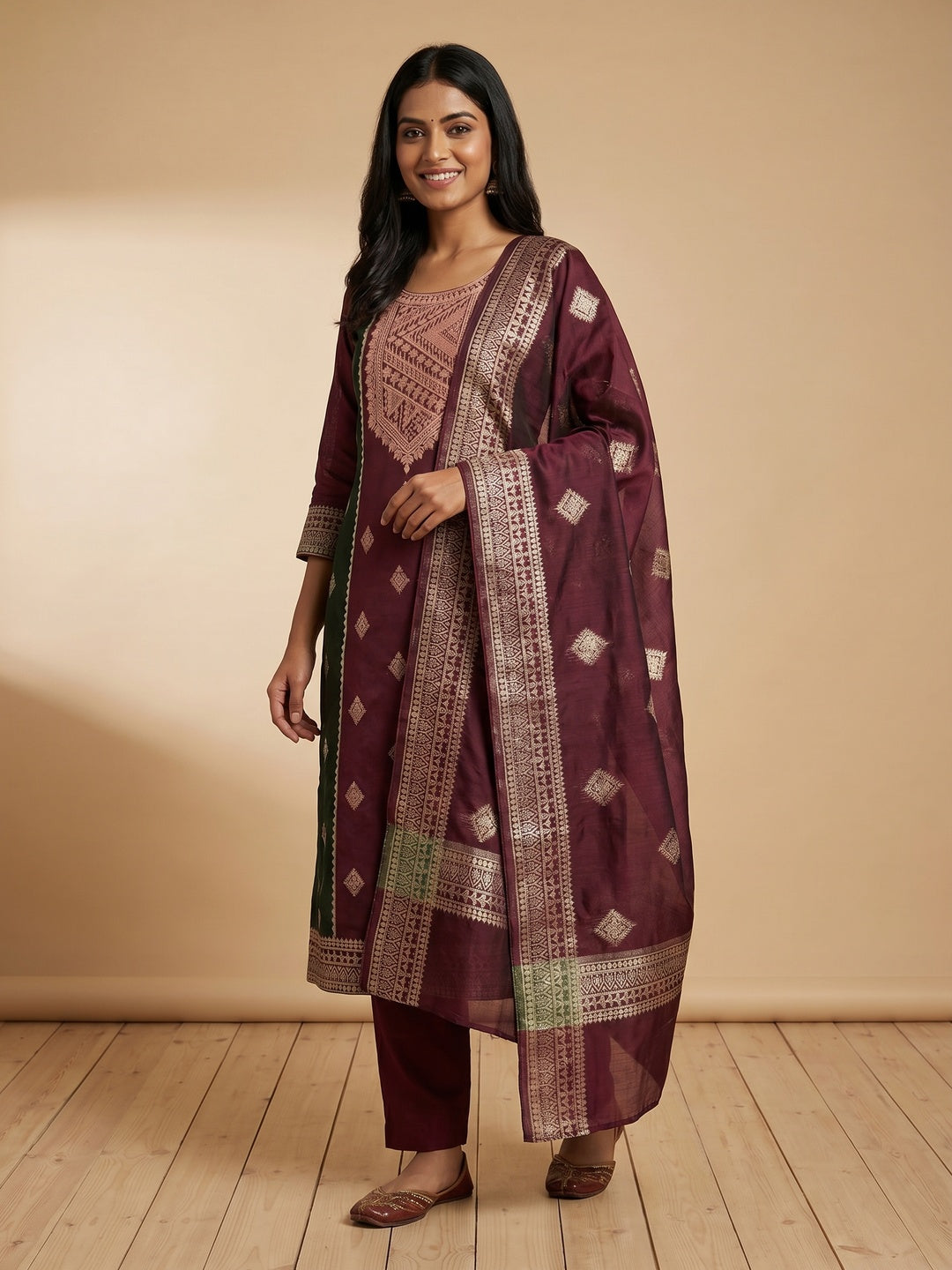 Maroon Woven Chanderi Dress Material - Image 2