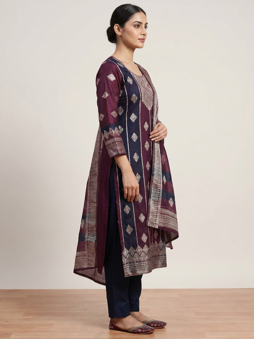 Wine Woven Chanderi Dress Material - Image 2
