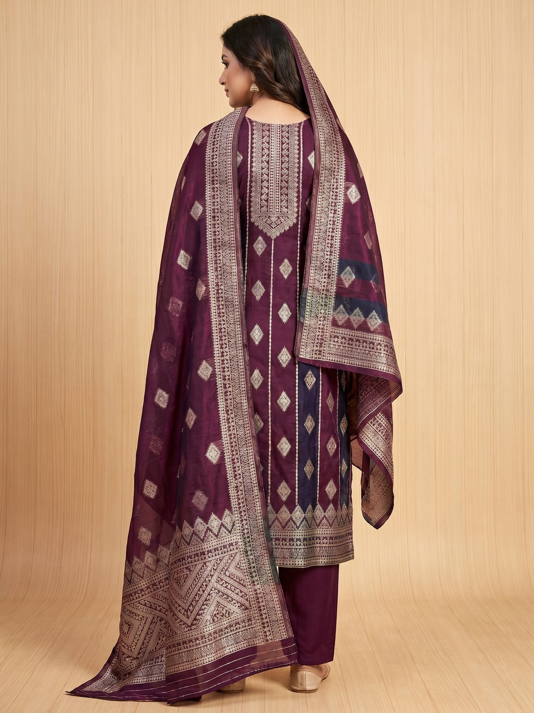 Wine Woven Chanderi Dress Material - Image 3