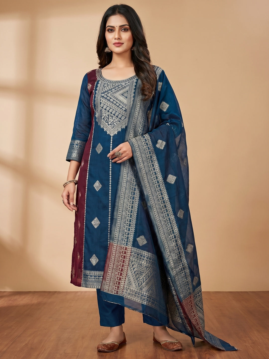 Blue Woven Chanderi Dress Material - Image 1