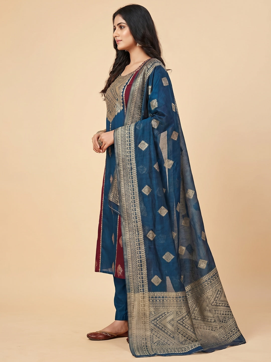 Blue Woven Chanderi Dress Material - Image 3