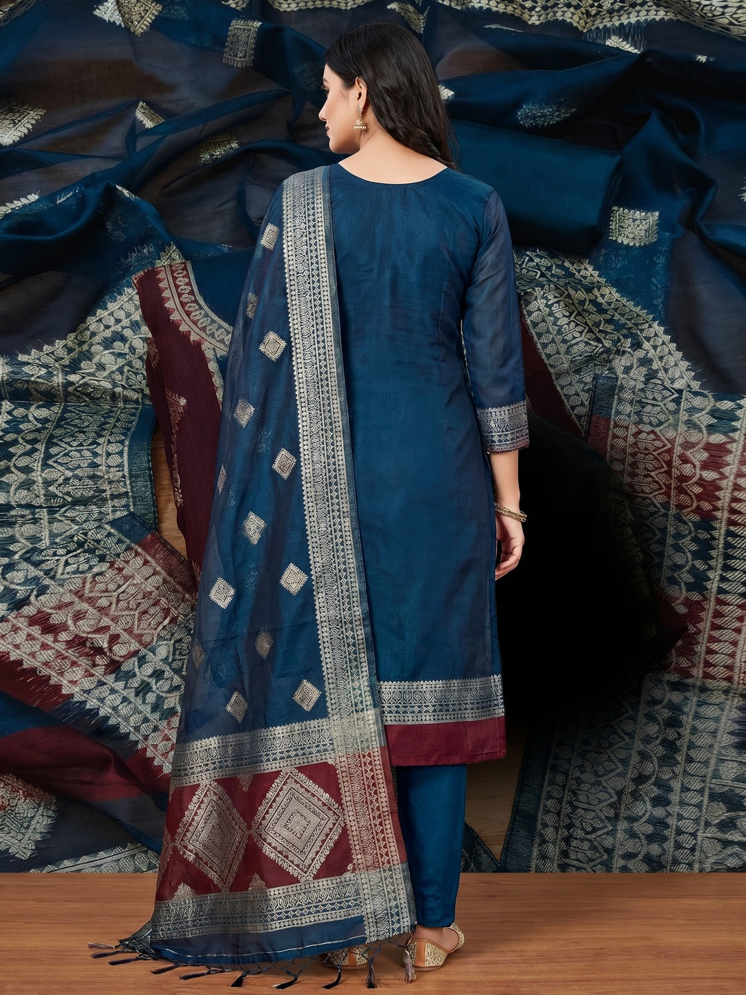 Blue Woven Chanderi Dress Material - Image 2