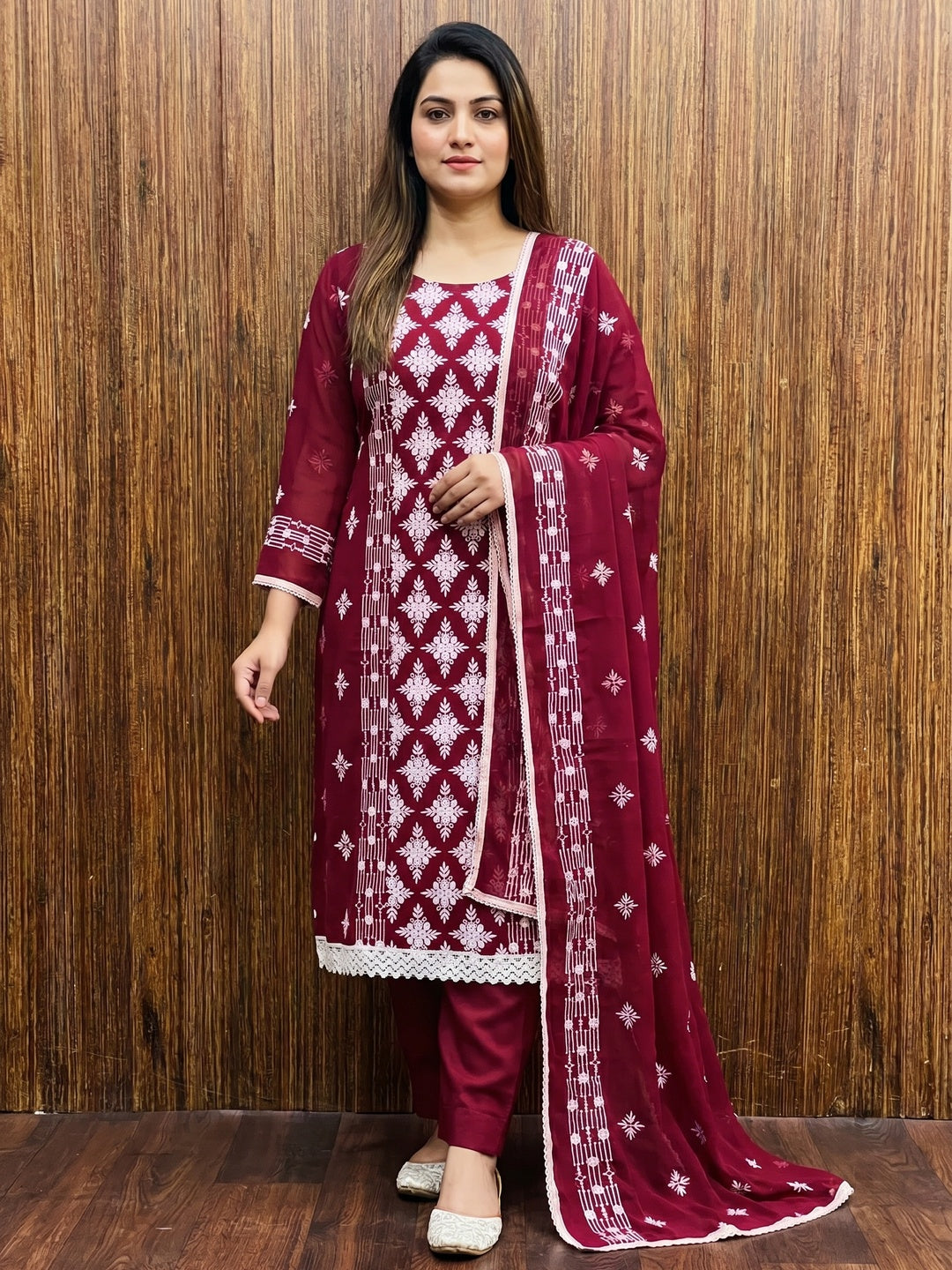 Maroon Floral Embroidered Georgette Dress Material - Image 1