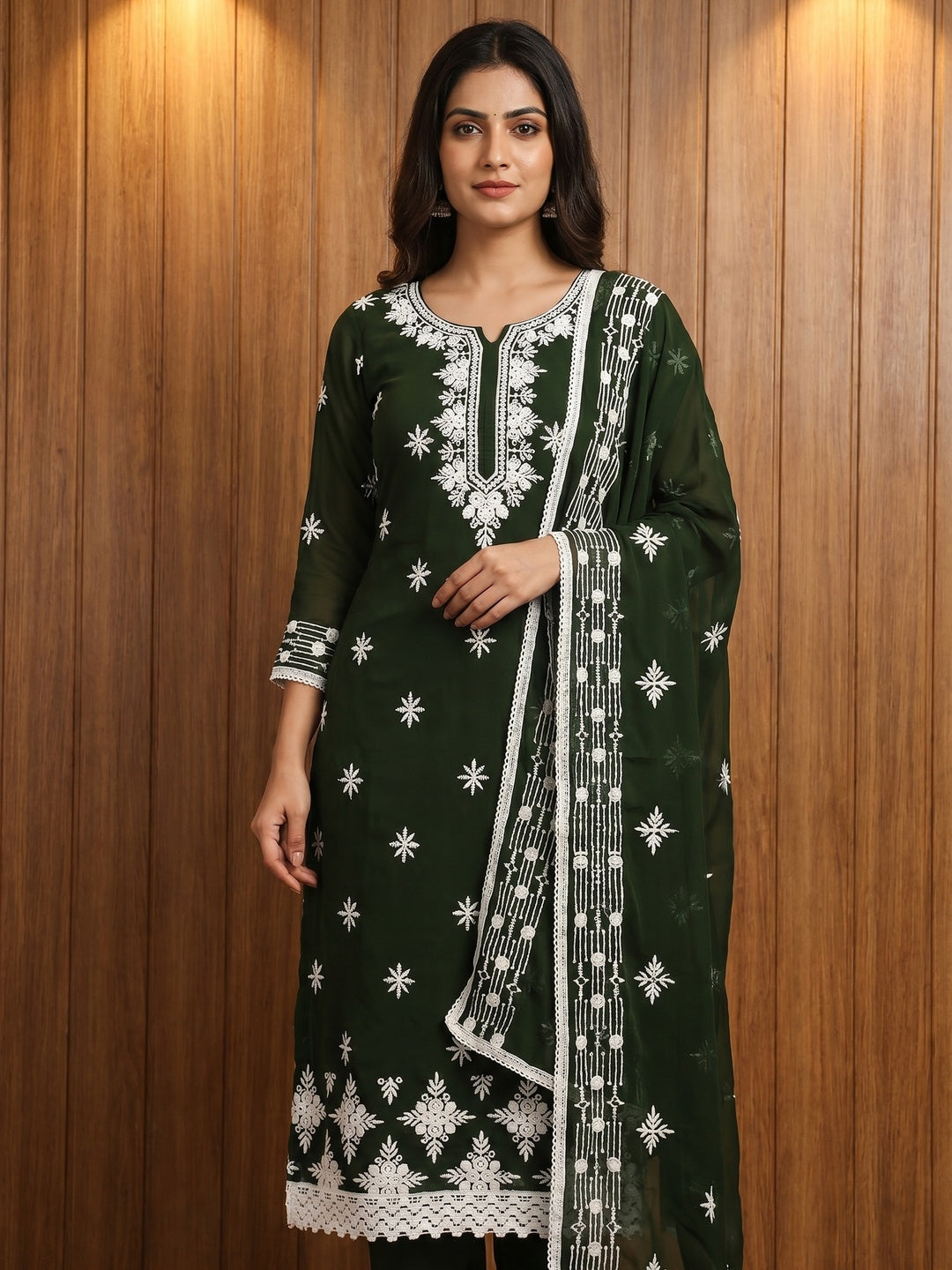 Mehendi Green Floral Embroidered Georgette Dress Material - Image 3