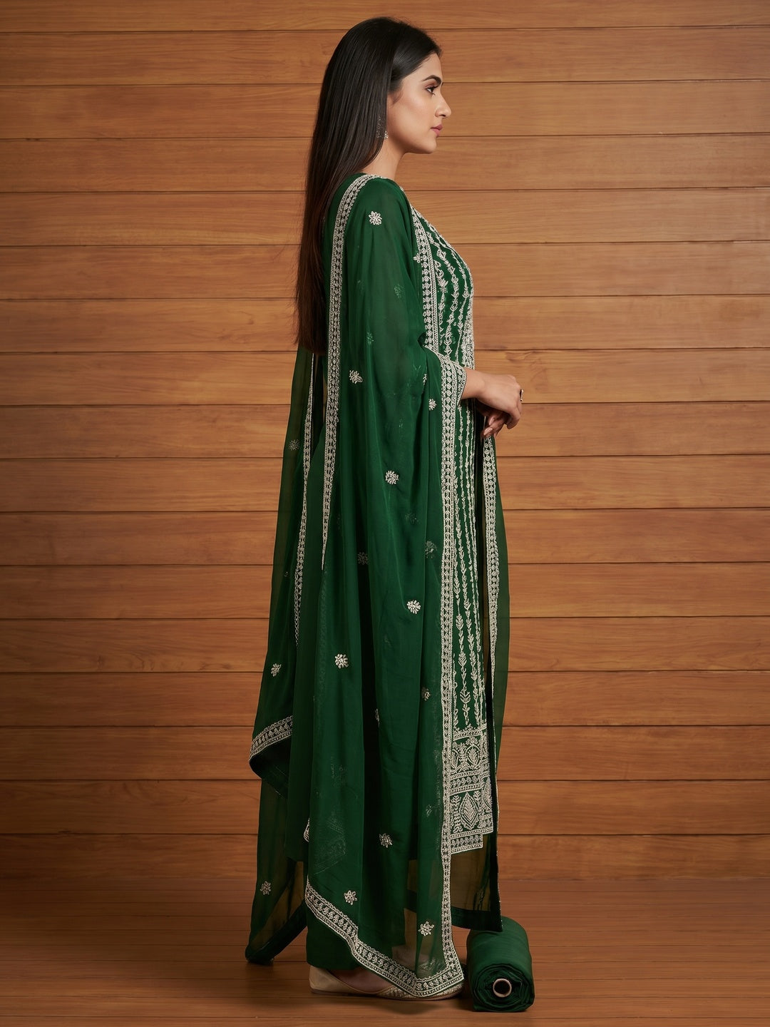 Mehendi Green Floral Embroidered Georgette Dress Material - Image 2