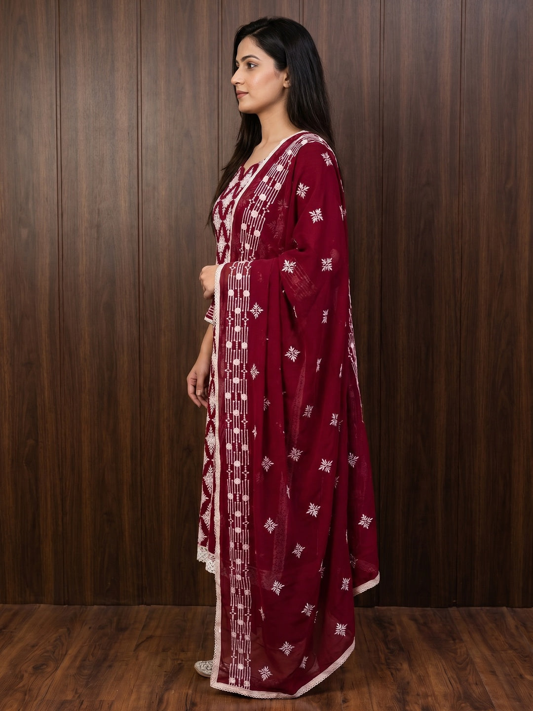Maroon Floral Embroidered Georgette Dress Material - Image 2