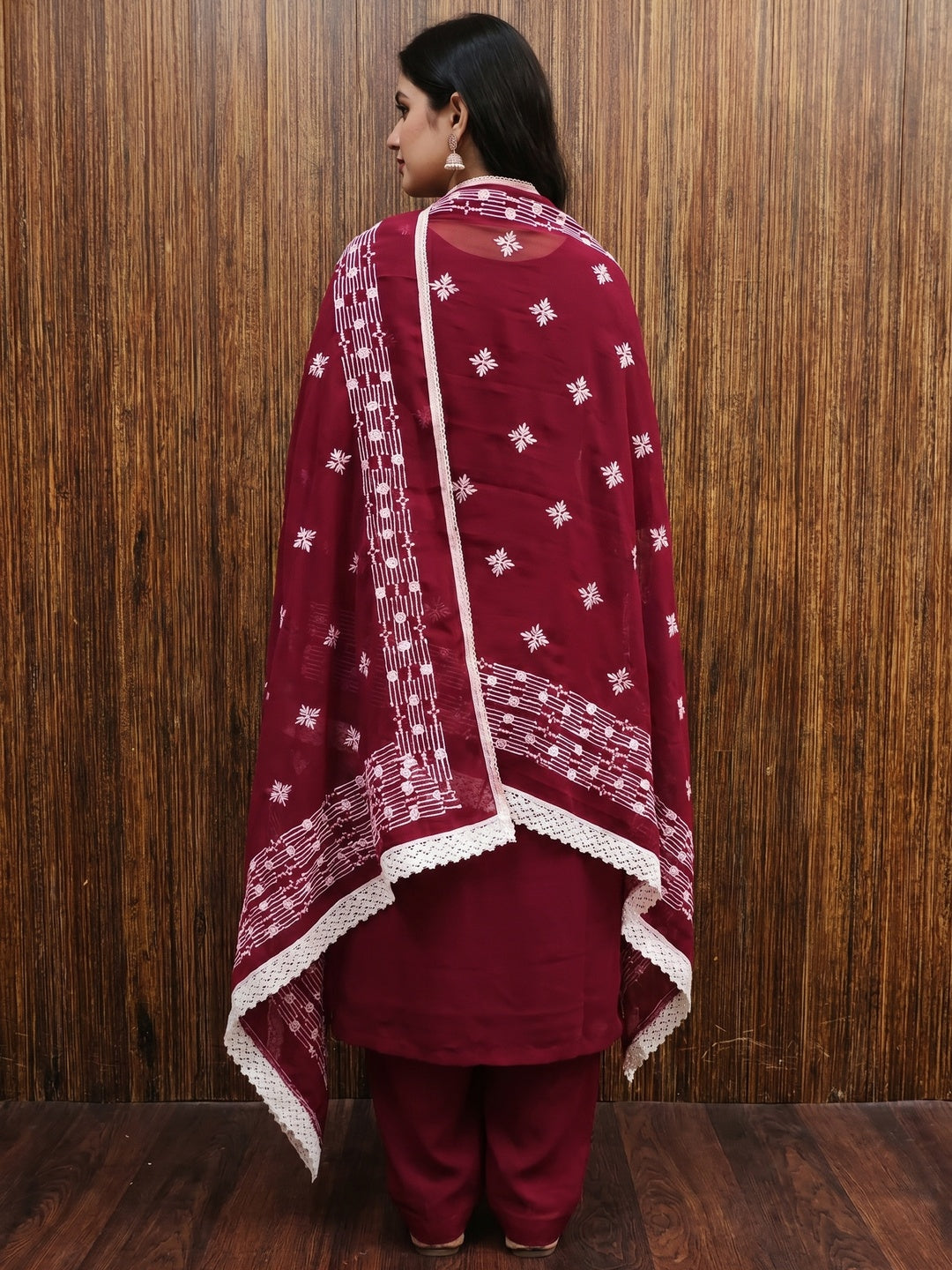 Maroon Floral Embroidered Georgette Dress Material - Image 3