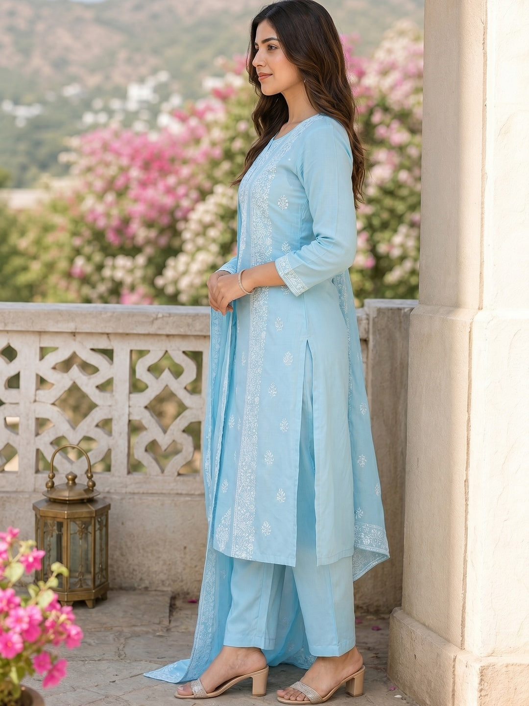 Sky Blue Floral Embroidered Modal Dress Material - Image 3