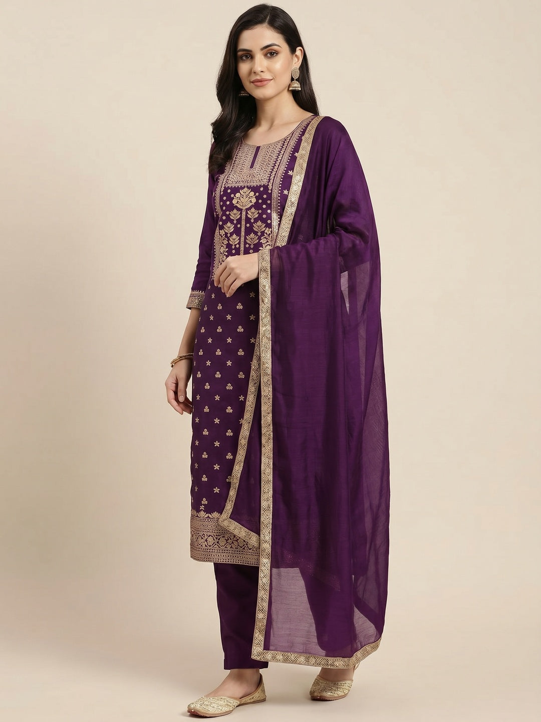 Purple Floral Woven Banarasi Silk Dress Material - Image 1
