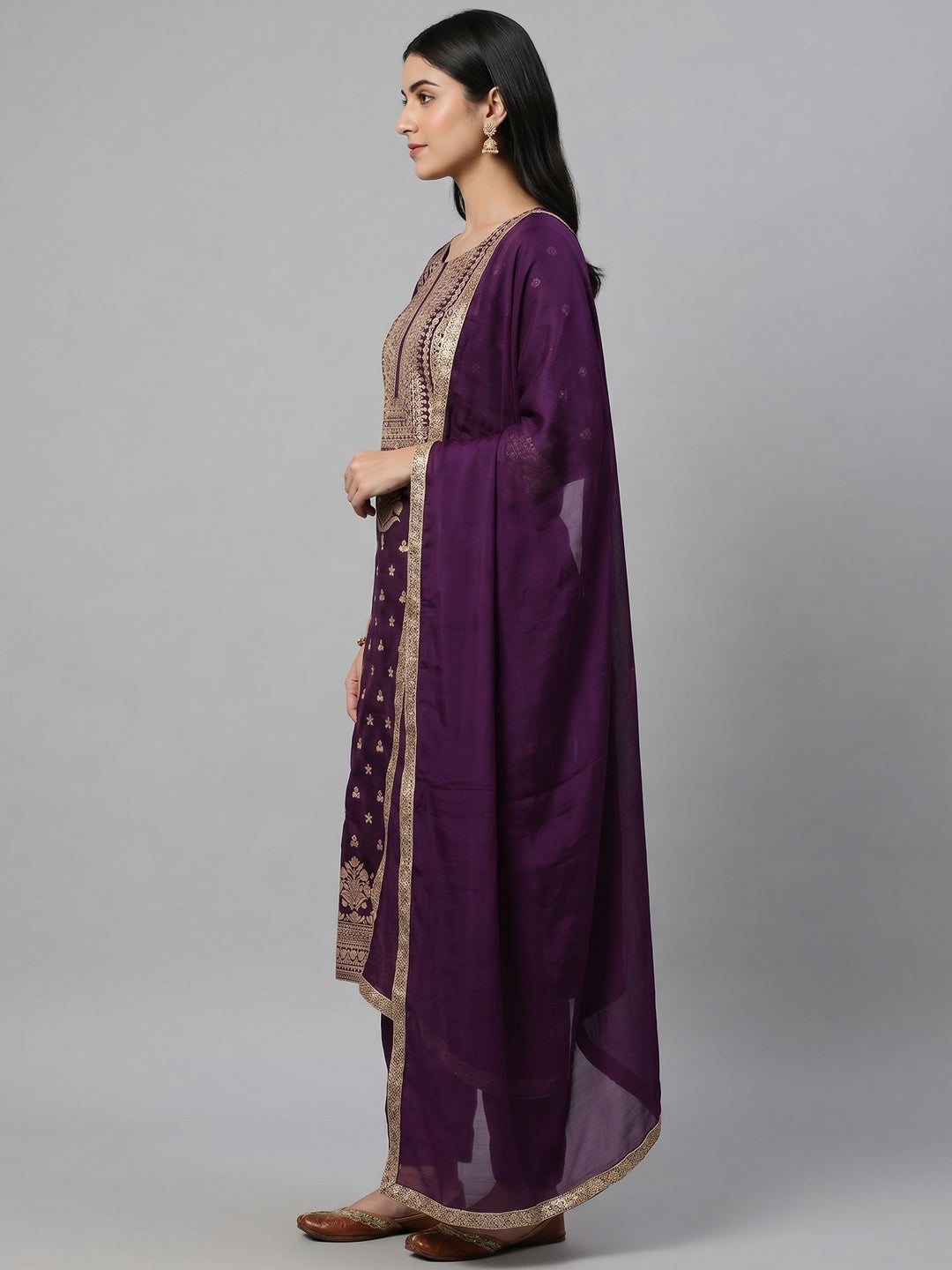Purple Floral Woven Banarasi Silk Dress Material - Image 3