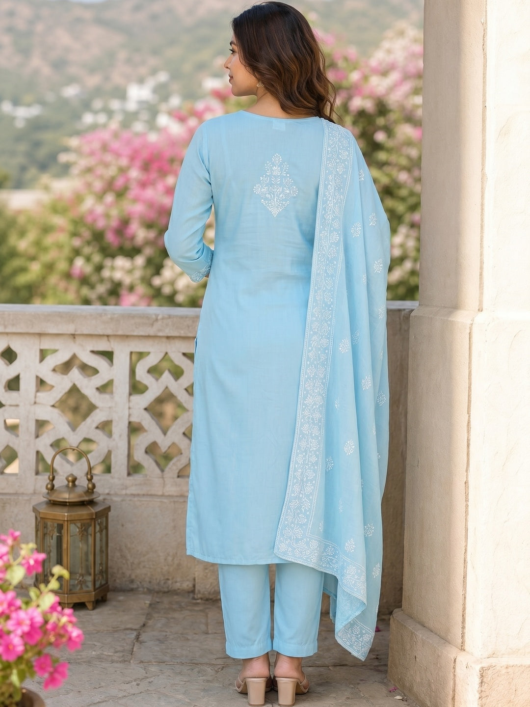 Sky Blue Floral Embroidered Modal Dress Material - Image 2