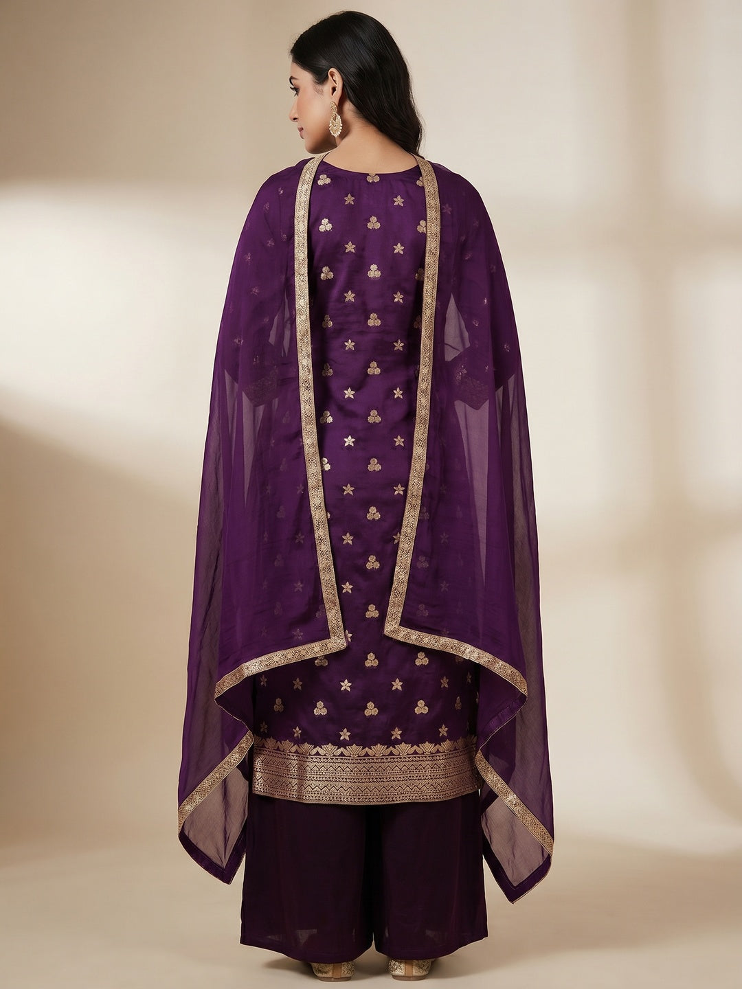 Purple Floral Woven Banarasi Silk Dress Material - Image 2