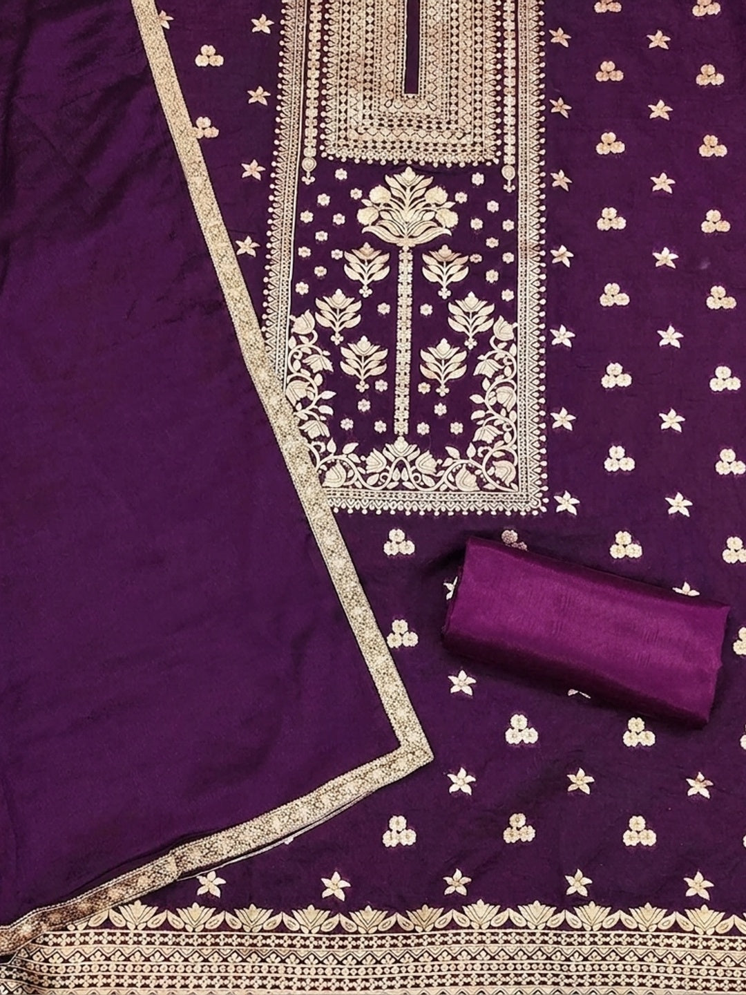 Purple Floral Woven Banarasi Silk Dress Material - Image 3