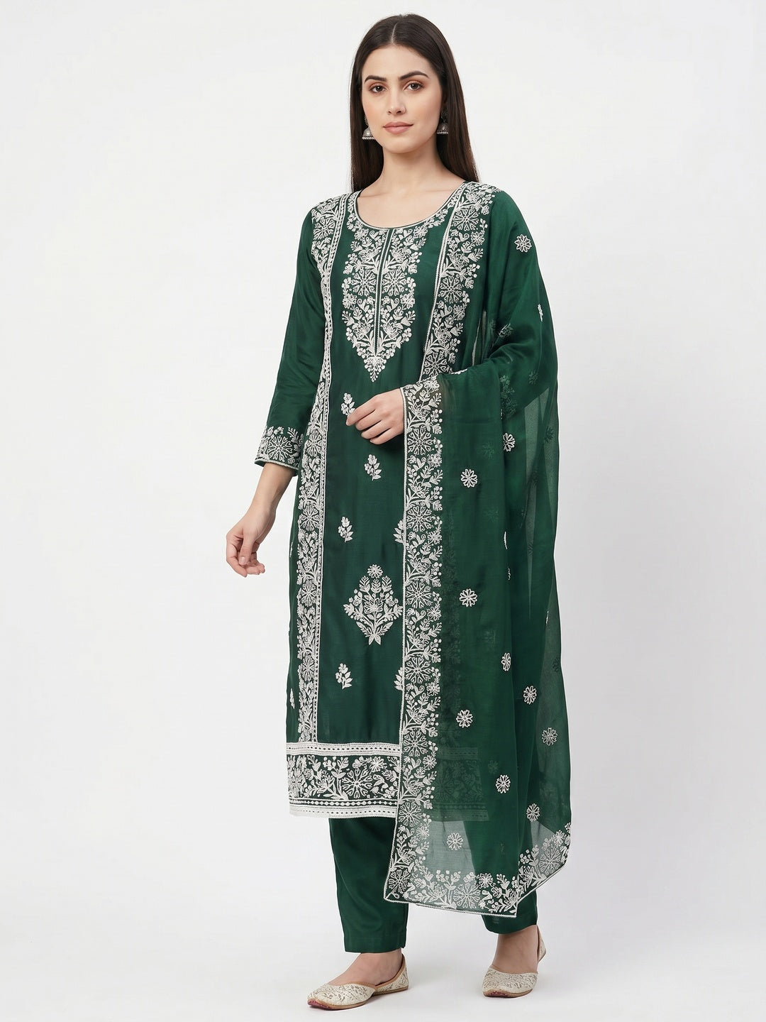 Green Floral Embroidered Modal Dress Material - Image 1