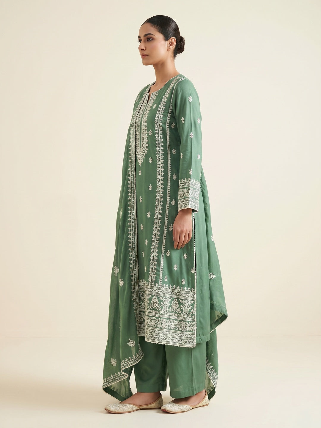 Green Floral Embroidered Modal Dress Material - Image 3