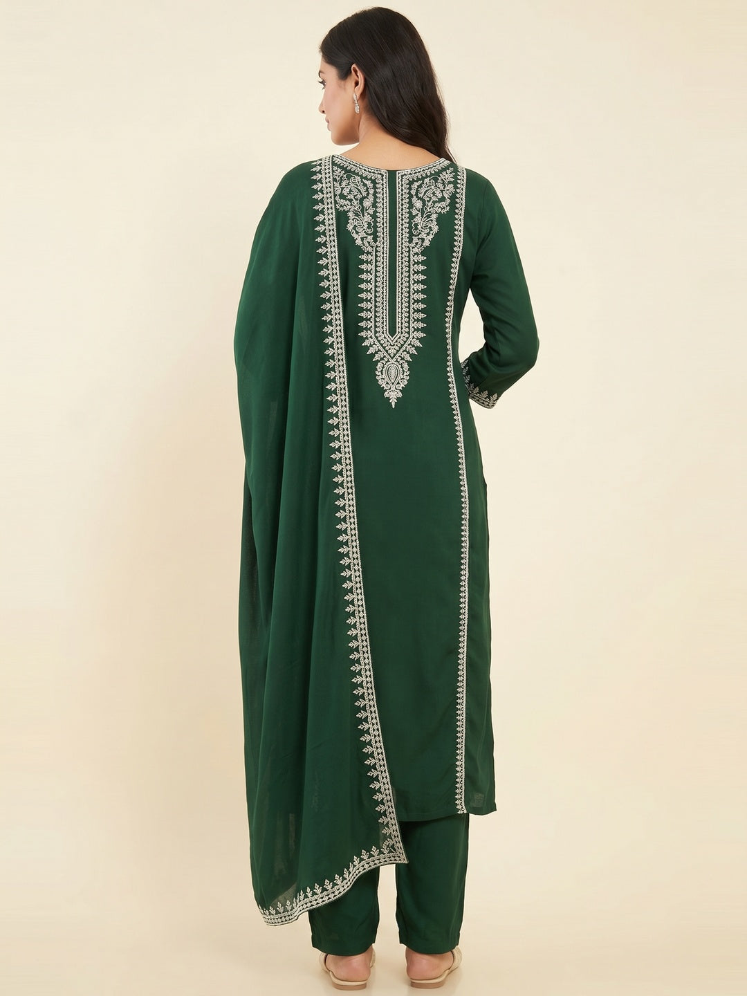 Green Floral Embroidered Modal Dress Material - Image 2