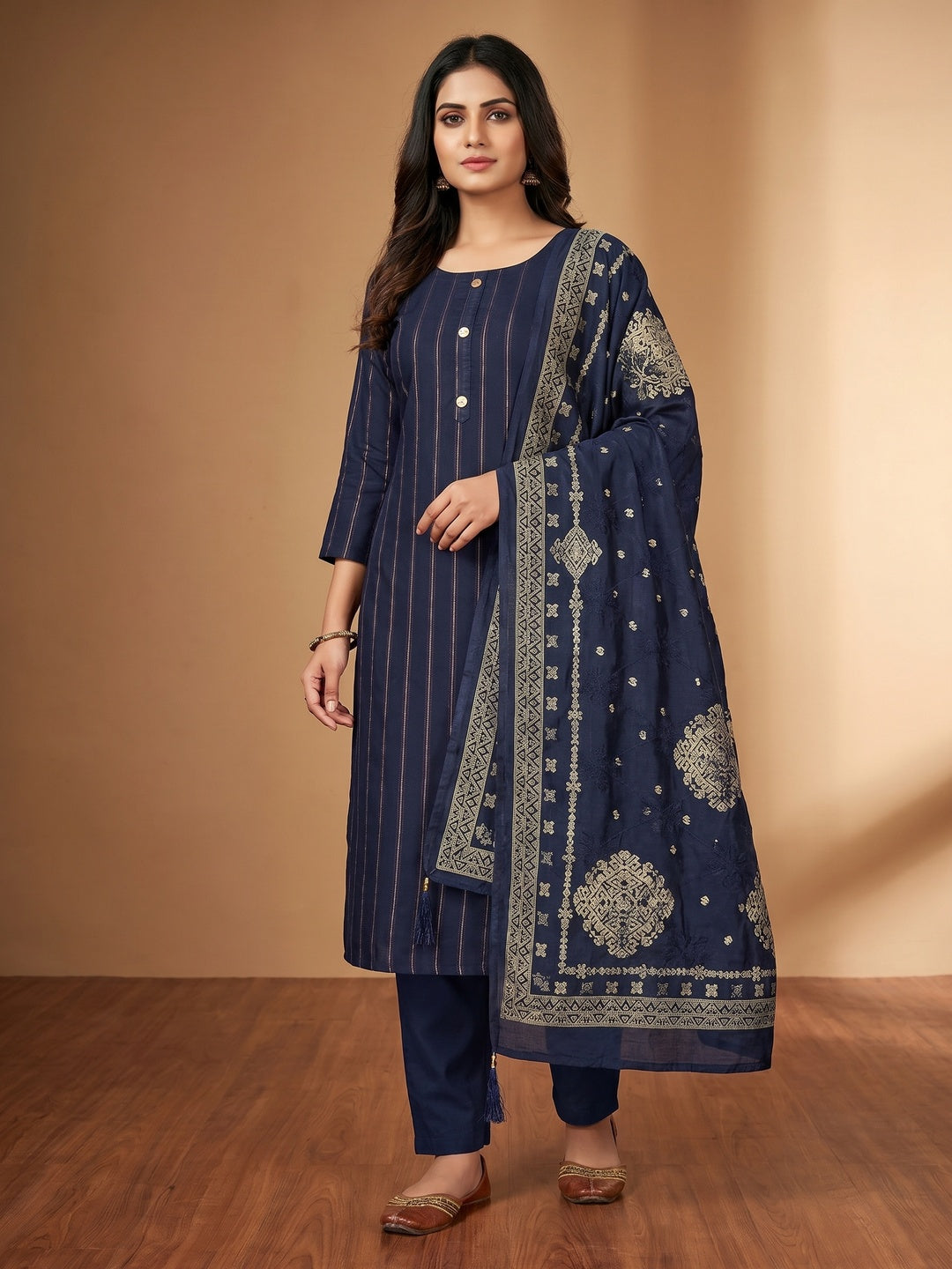 Navy Blue Woven Modal Dress Material - Image 2