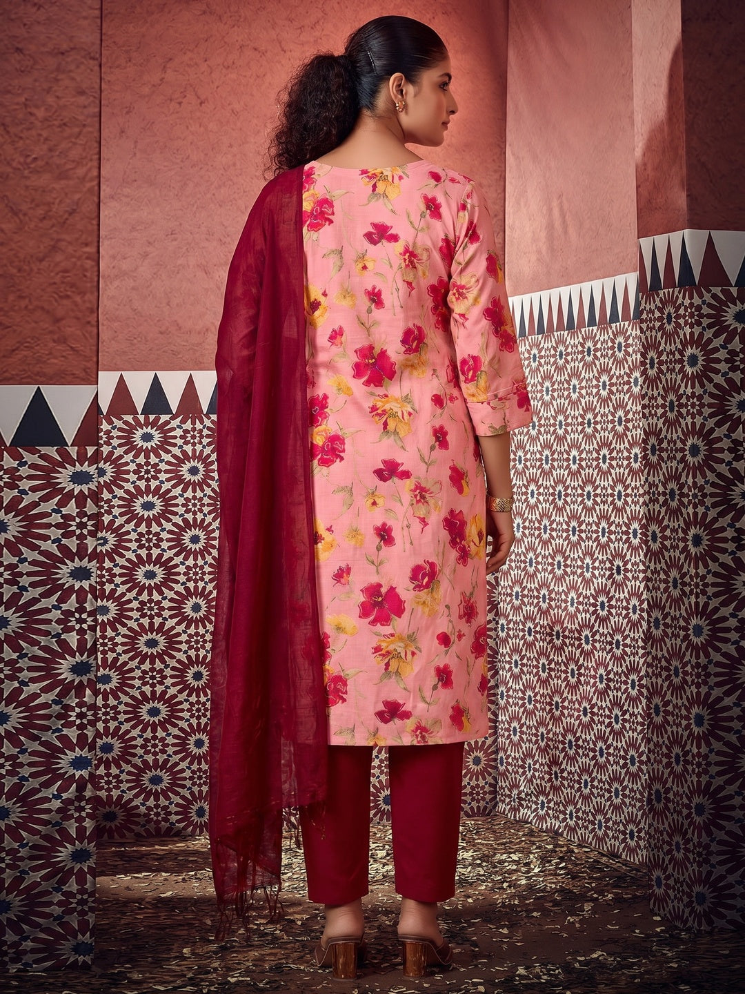 Pink Floral Foil Printed Modal Suit - Image 1