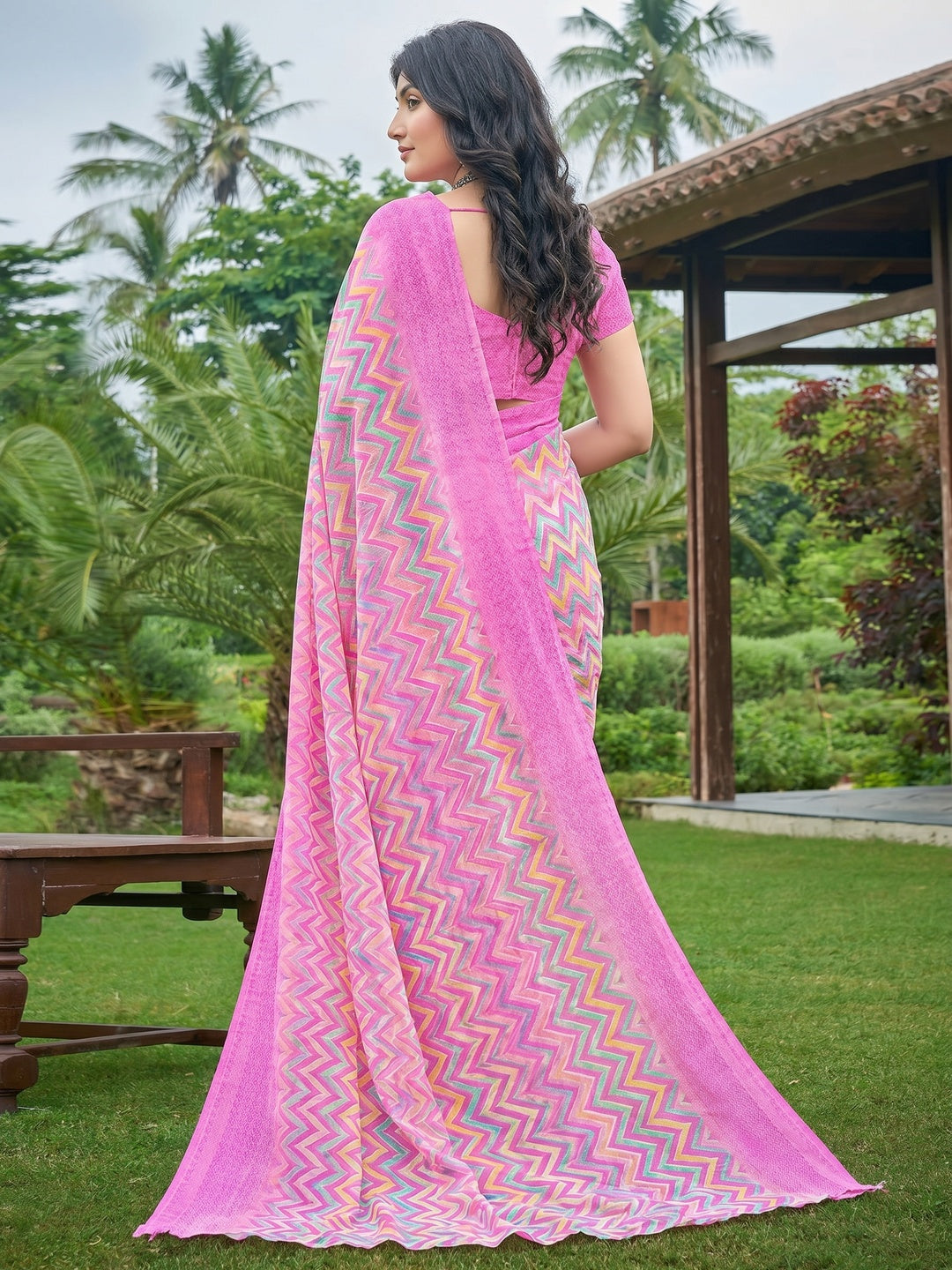 Pink Printed Chiffon Saree - Image 1