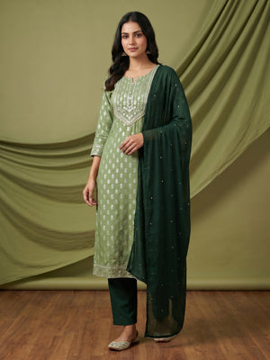 Green Foil Printed Rayon Dress Material - Image 1