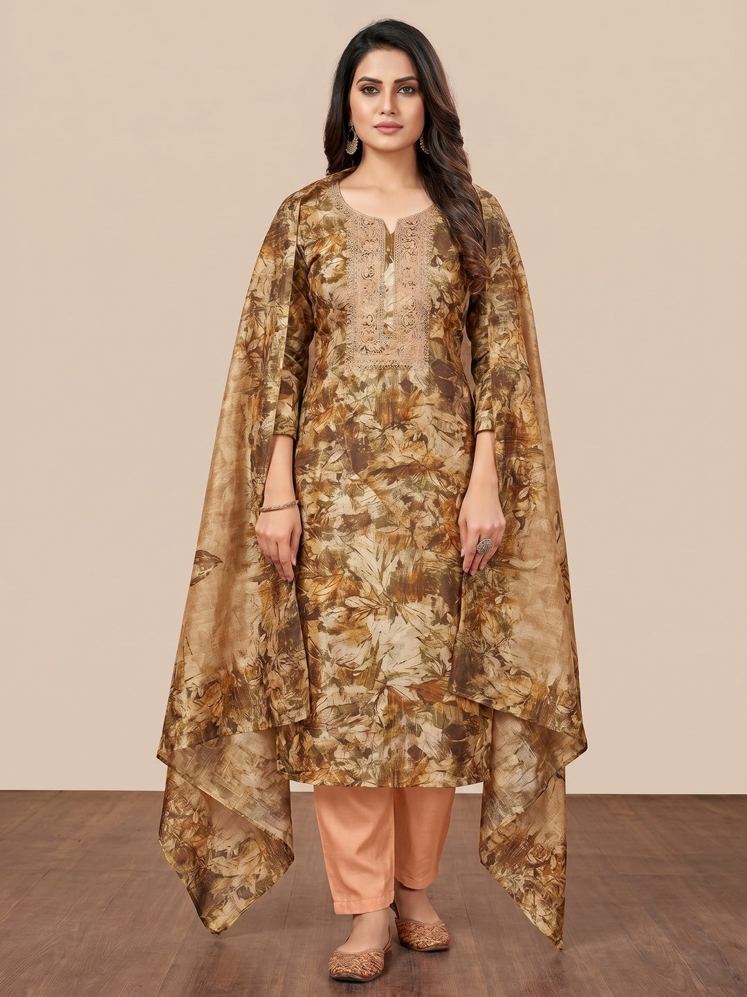 Brown Printed Cotton Silk Dress Material - Image 1