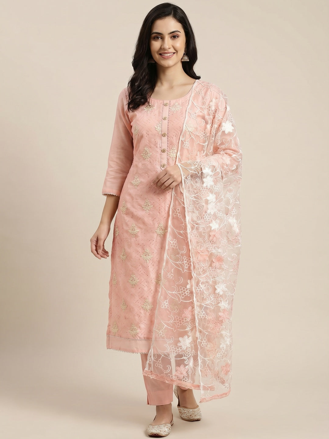 Peach Floral Embroidered Chanderi Dress Material - Image 1