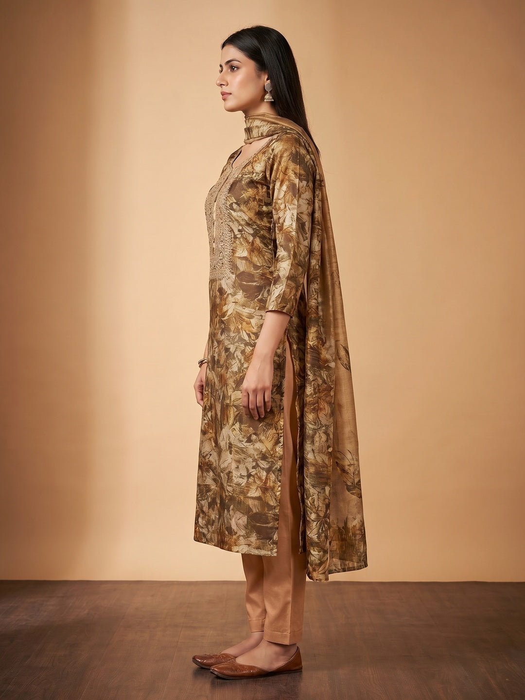 Brown Printed Cotton Silk Dress Material - Image 3