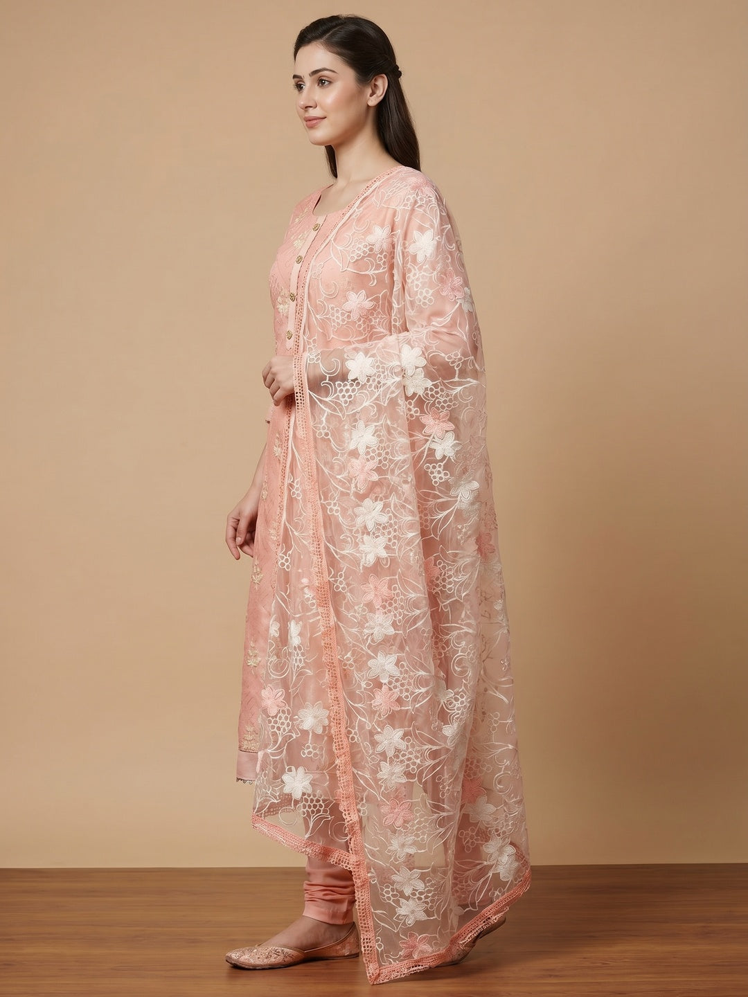 Peach Floral Embroidered Chanderi Dress Material - Image 3
