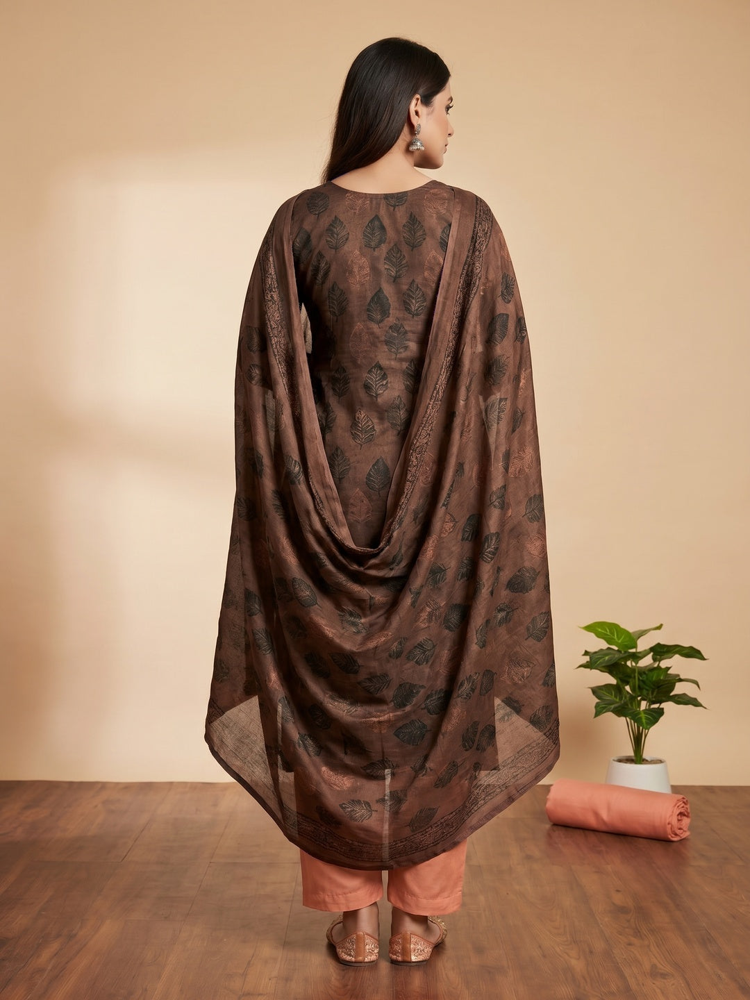Brown Printed Cotton Silk Dress Material - Image 2
