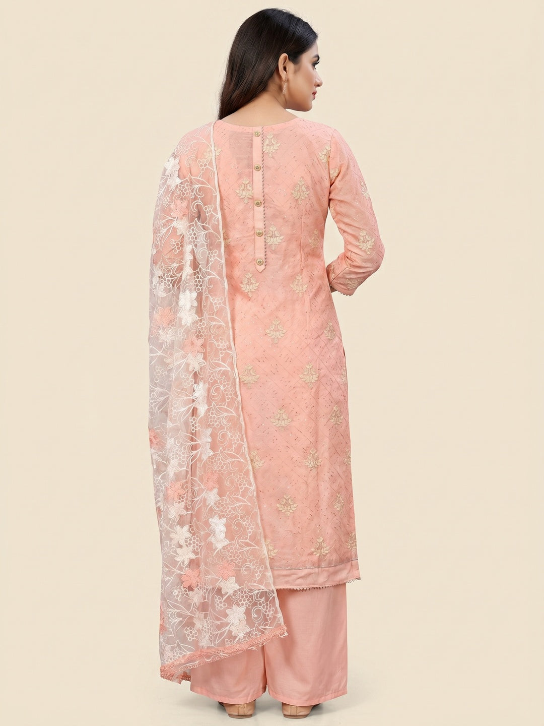 Peach Floral Embroidered Chanderi Dress Material - Image 2