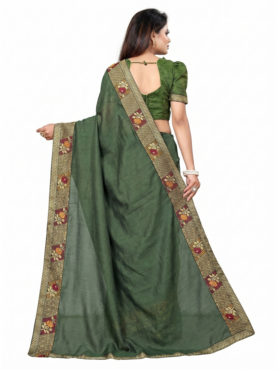 Mehandi Green Solid With Woven Border Vichitra Silk Saree - Image 1