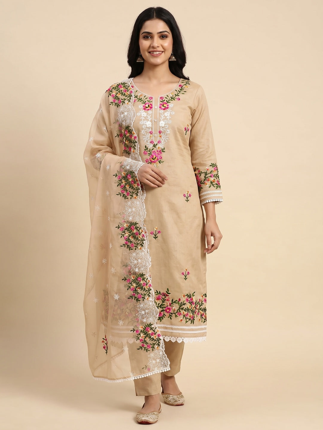 Chikoo Floral Embroidered Chanderi Dress Material - Image 1