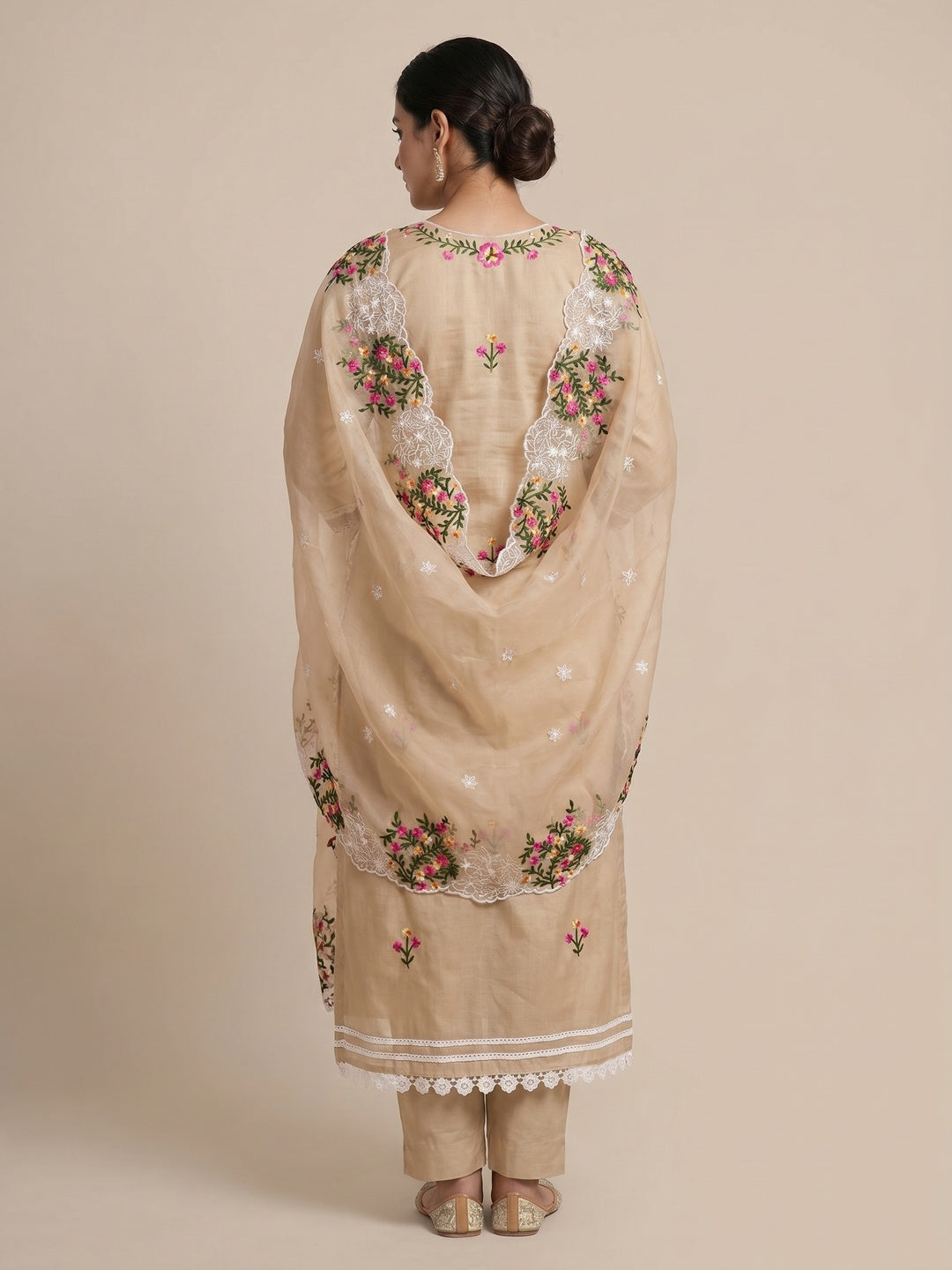 Chikoo Floral Embroidered Chanderi Dress Material - Image 2