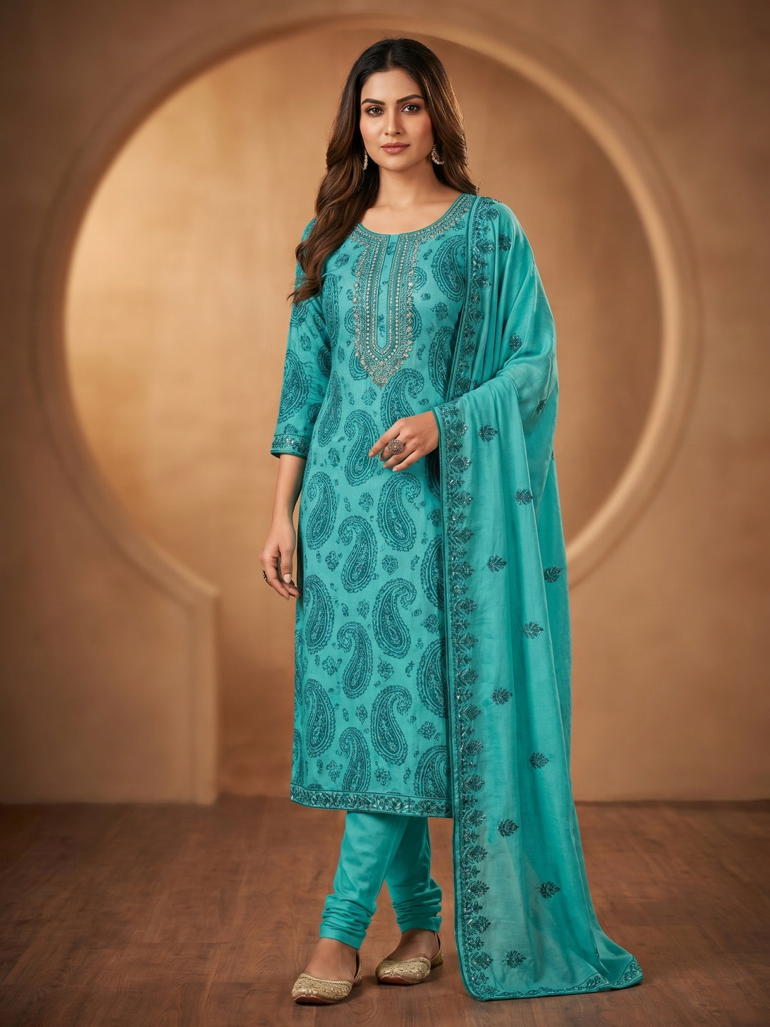 Turquoise Printed With Handwork Modal Dress Material - Image 1