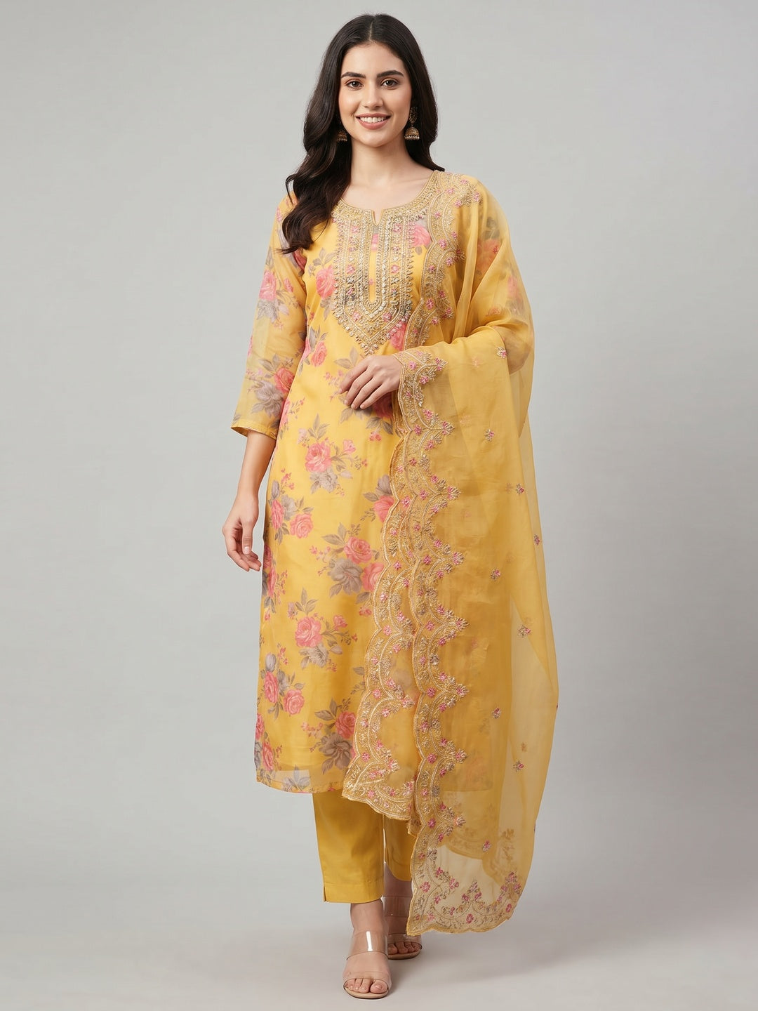 Yellow Printed With Handwork Organza Dress Material - Image 1