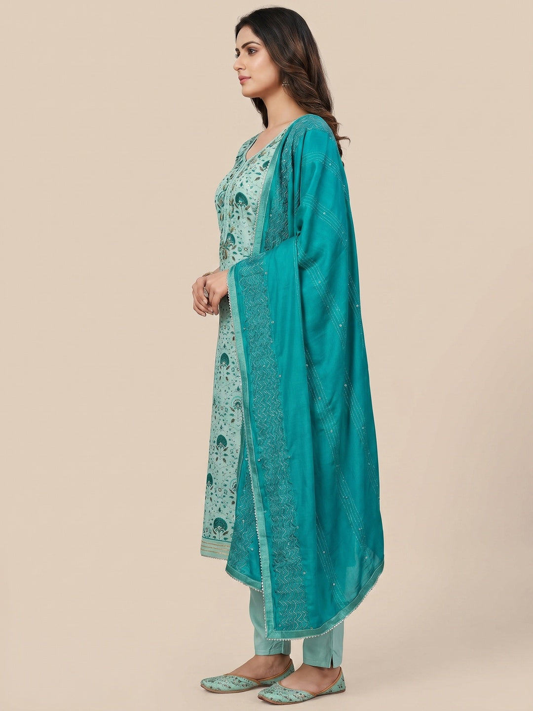 Turquoise Printed With Handwork Modal Dress Material - Image 2
