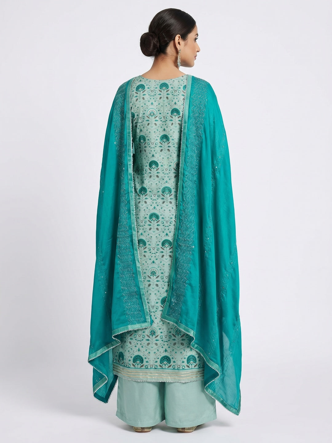 Turquoise Printed With Handwork Modal Dress Material - Image 3
