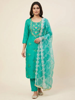 Rama Green Floral Printed Handwork Modal Dress Material - Image 1