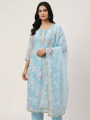 Blue Printed With Handwork Organza Dress Material - Image 1