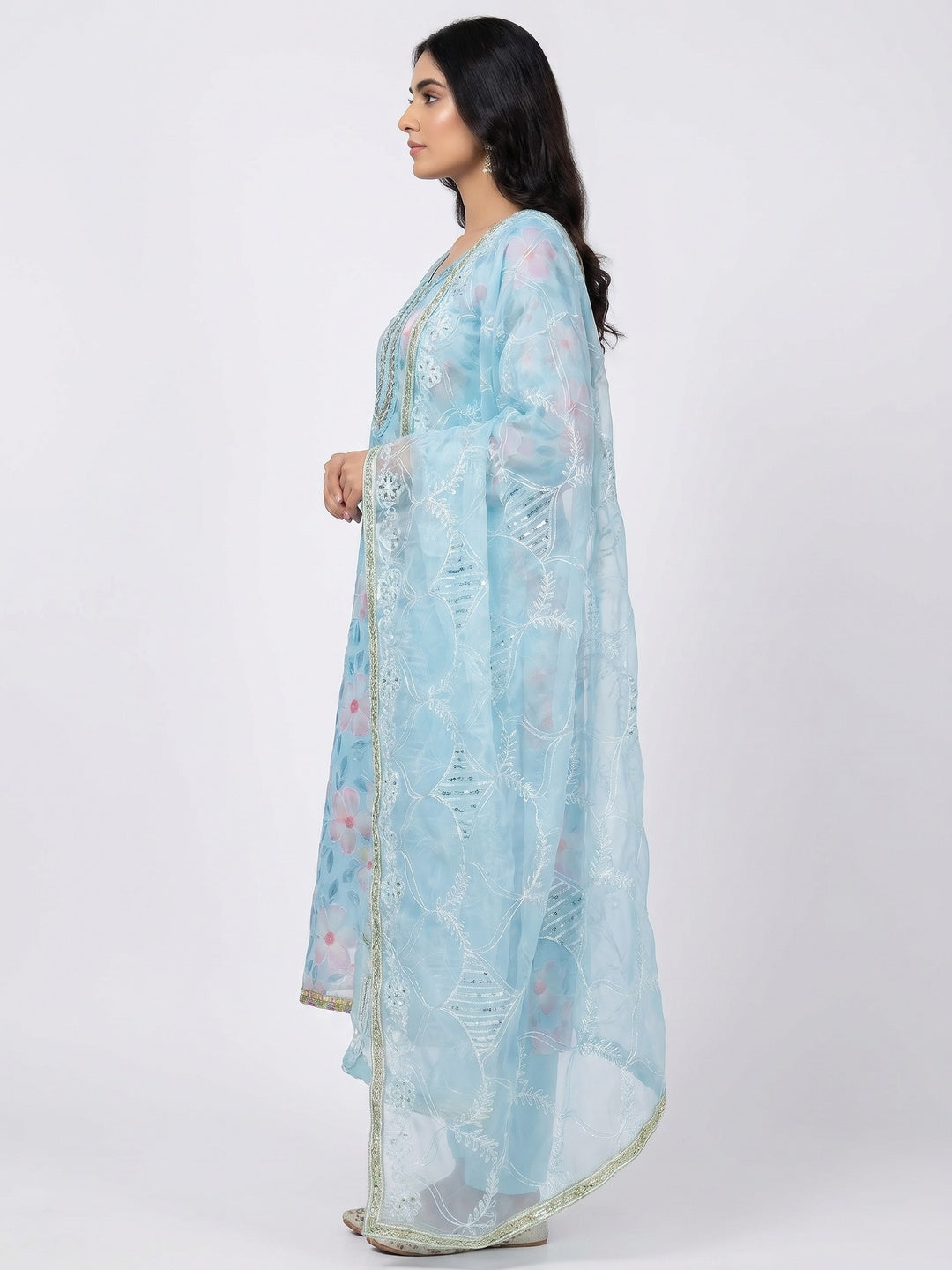 Blue Printed With Handwork Organza Dress Material - Image 3