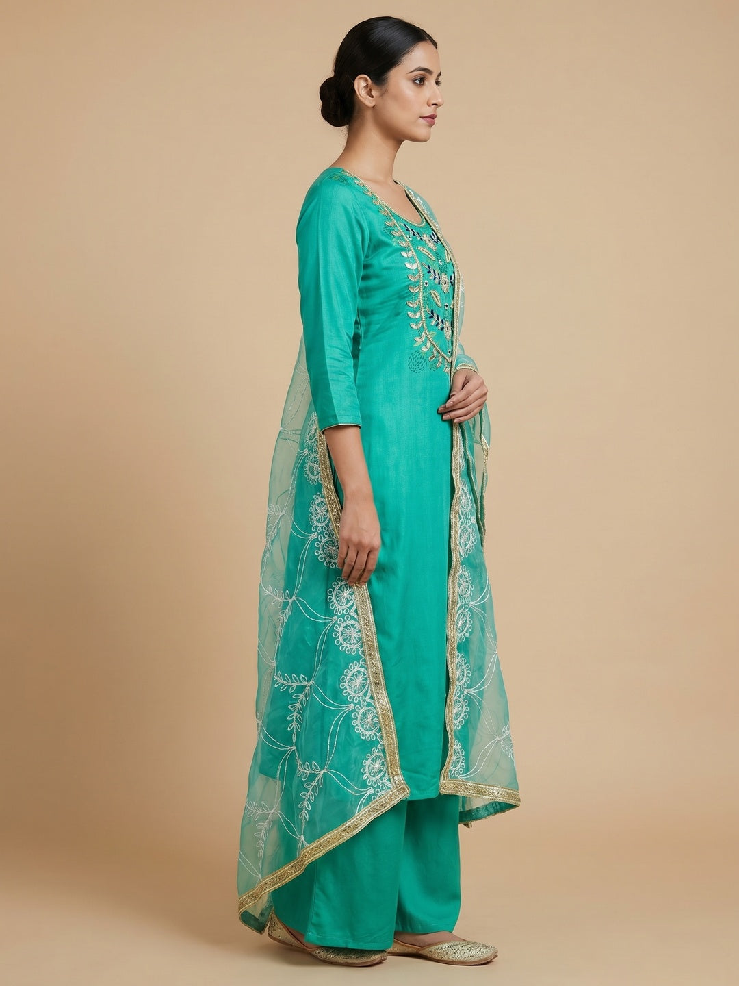 Rama Green Floral Printed Handwork Modal Dress Material - Image 3