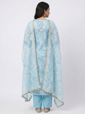 Blue Printed With Handwork Organza Dress Material - Image 2