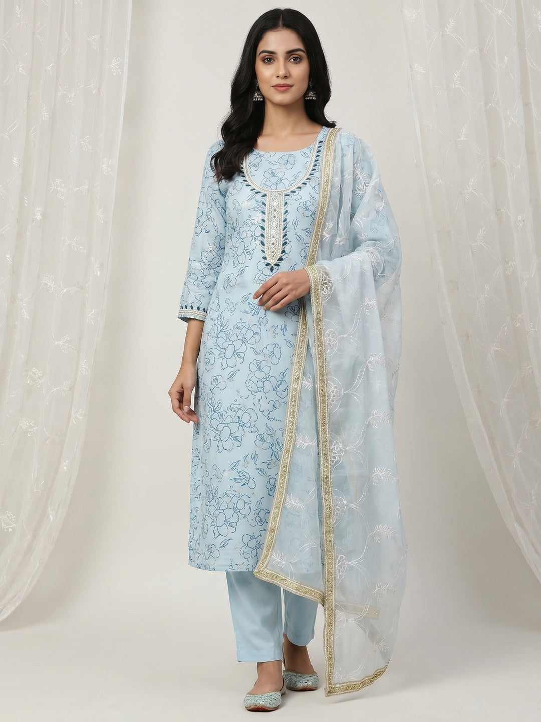 Blue Floral Printed Modal Dress Material - Image 1