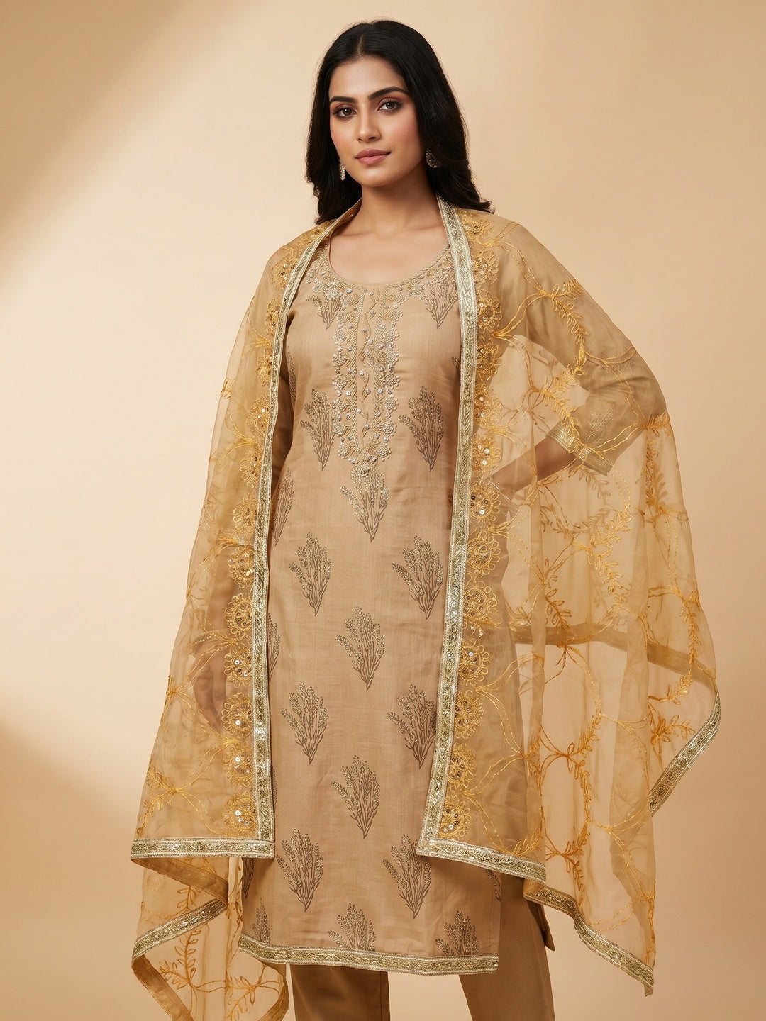 Dark Beige Printed With Handwork Modal Dress Material - Image 1
