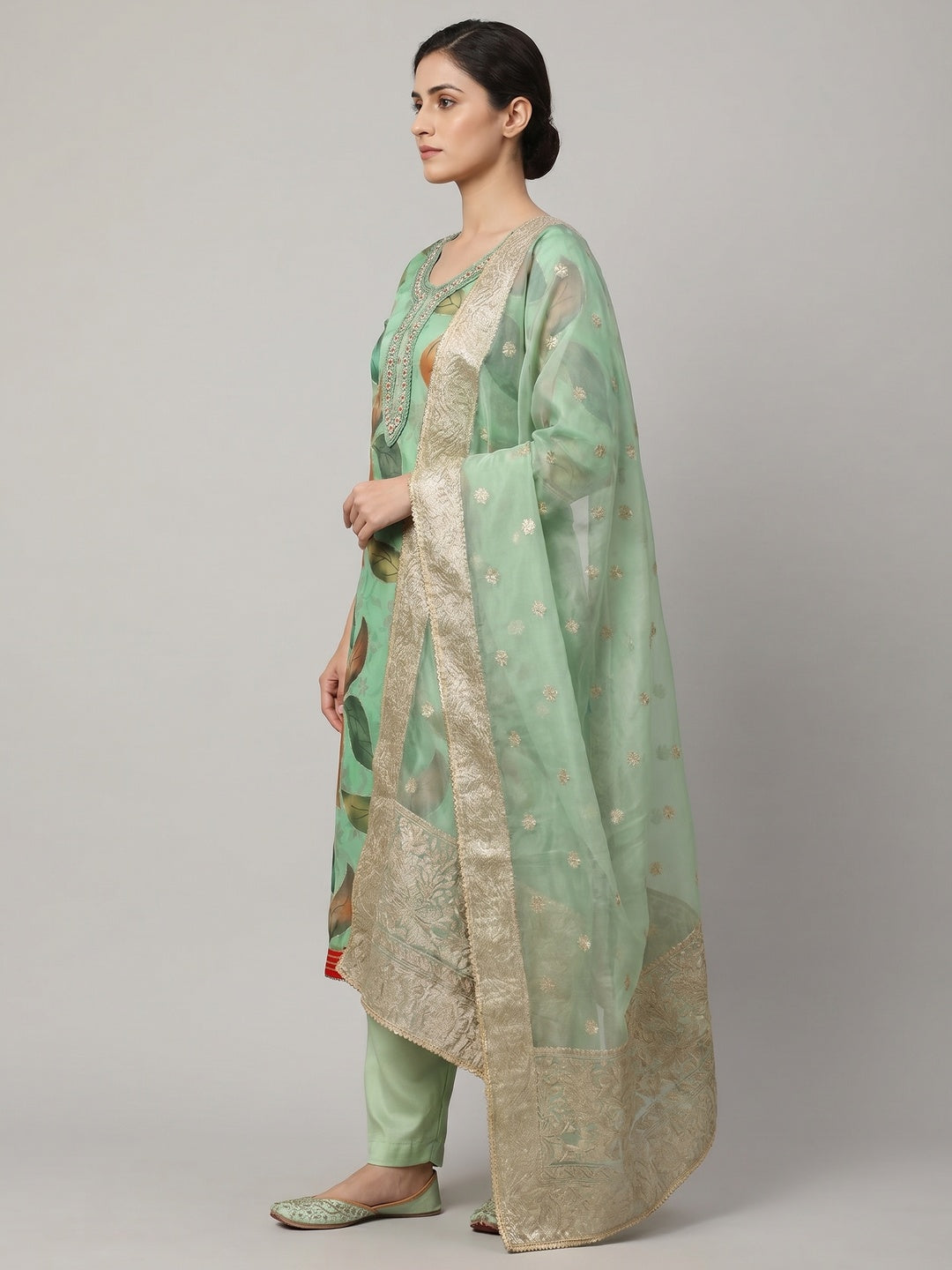 Green Digital Printed With Handwork Organza Dress Material - Image 3