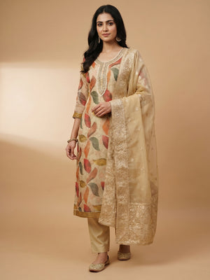 Chikoo Digital Printed With Handwork Organza Dress Material - Image 1